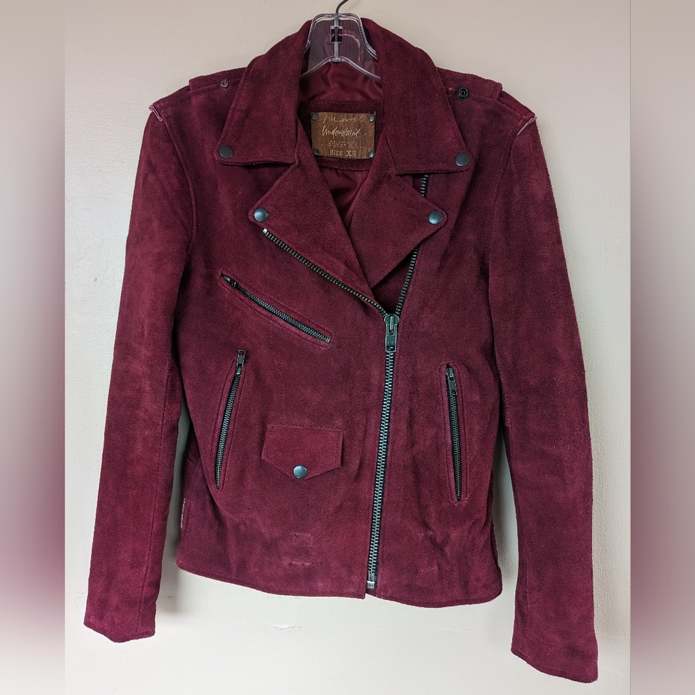 Free People x Understated 100% Leather Moto Jacket, Red/Wine/Burgundy (SIZE XS)